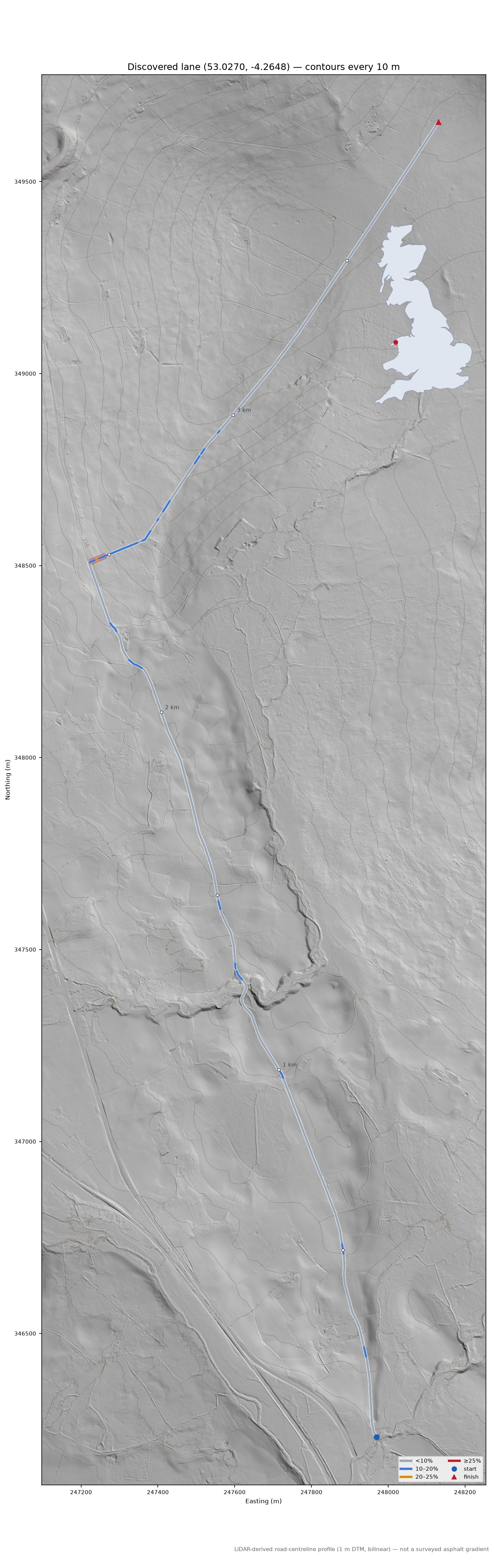 Discovered lane (53.0270, -4.2648) LiDAR hillshade map with contours
