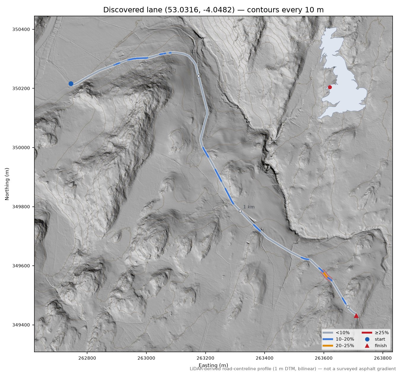 Discovered lane (53.0316, -4.0482) LiDAR hillshade map with contours