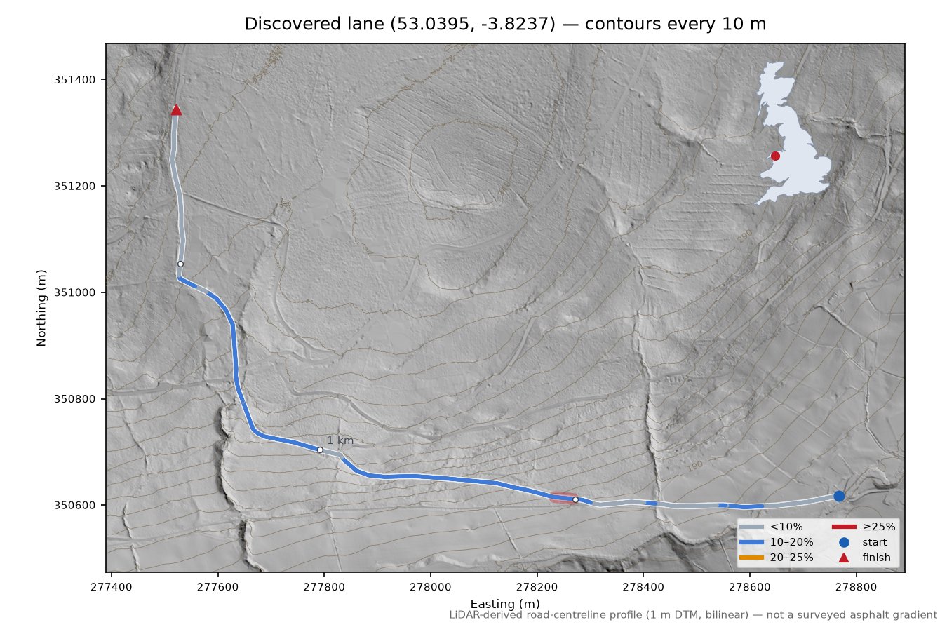 Discovered lane (53.0395, -3.8237) LiDAR hillshade map with contours