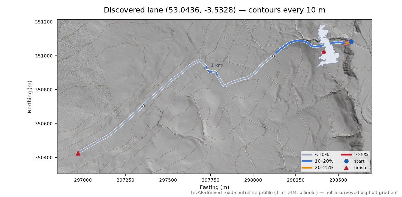 Discovered lane (53.0436, -3.5328) LiDAR hillshade map with contours
