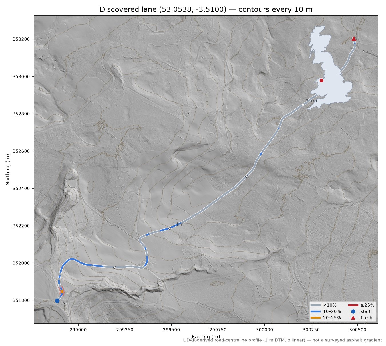 Discovered lane (53.0538, -3.5100) LiDAR hillshade map with contours