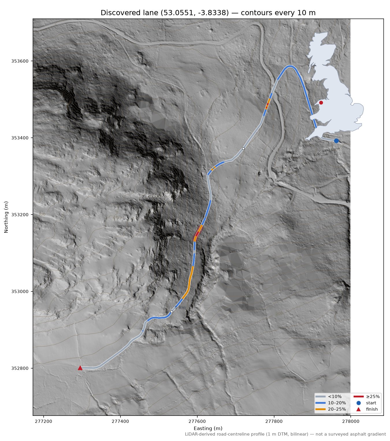 Discovered lane (53.0551, -3.8338) LiDAR hillshade map with contours