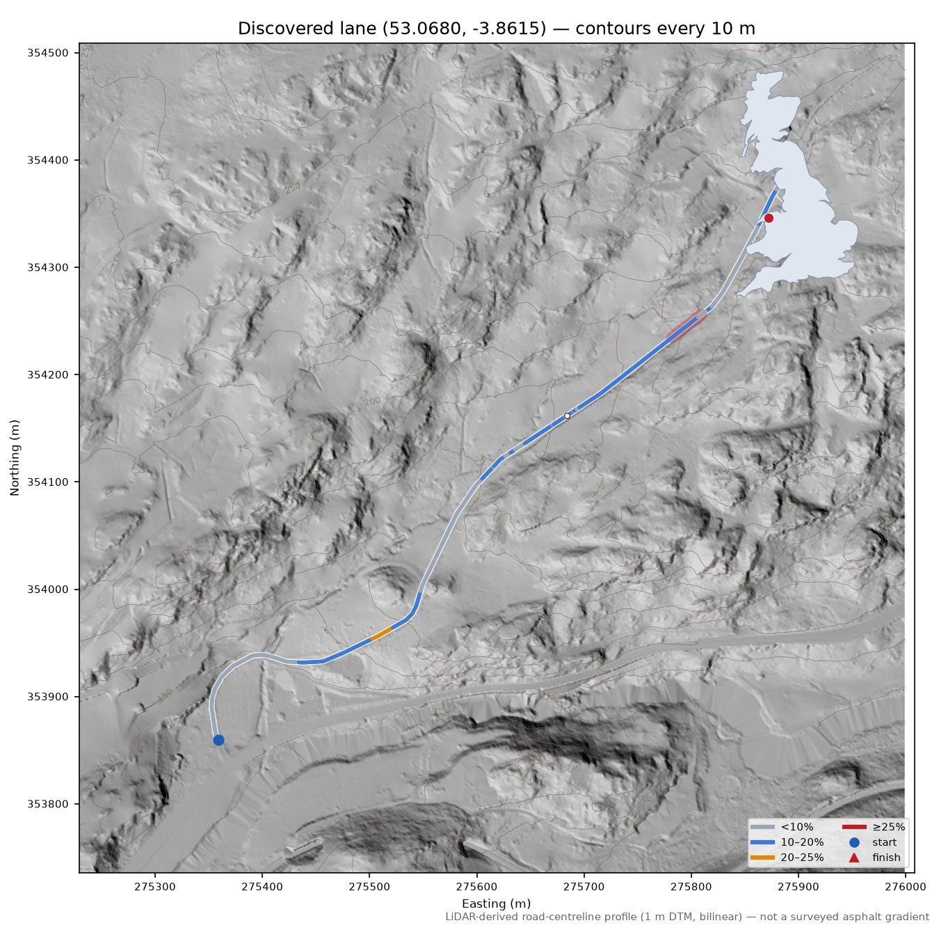 Discovered lane (53.0680, -3.8615) LiDAR hillshade map with contours