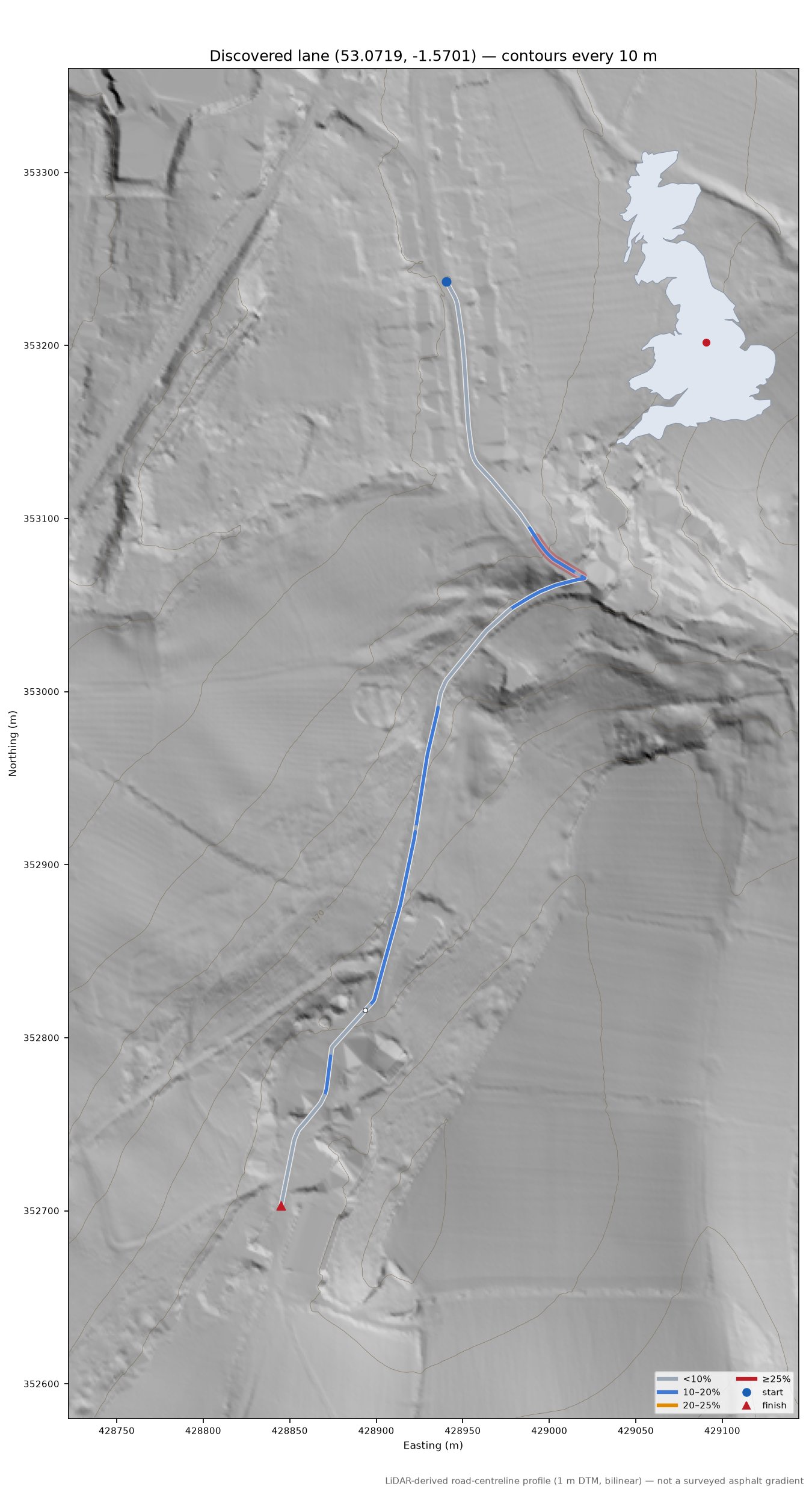 Discovered lane (53.0719, -1.5701) LiDAR hillshade map with contours