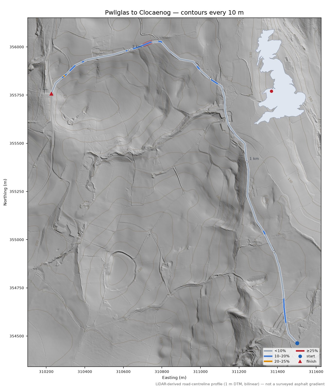 Pwllglas to Clocaenog LiDAR hillshade map with contours