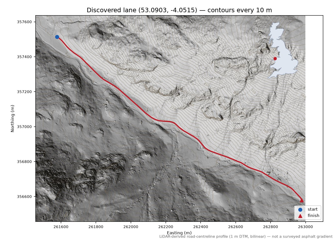 Llanberis Pass LiDAR hillshade map with contours