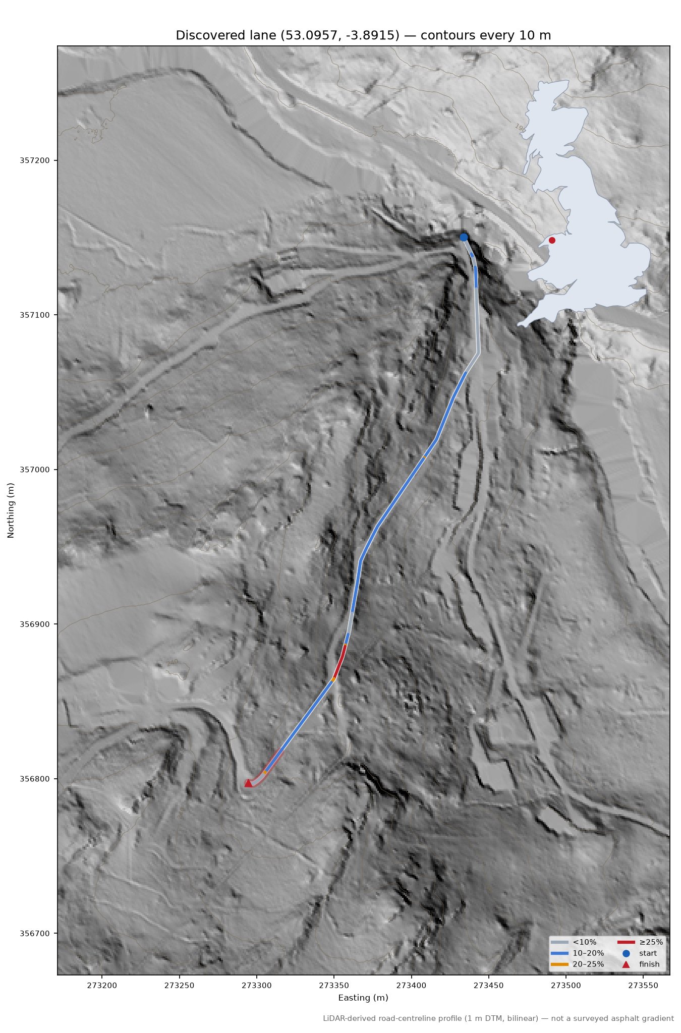 Discovered lane (53.0957, -3.8915) LiDAR hillshade map with contours