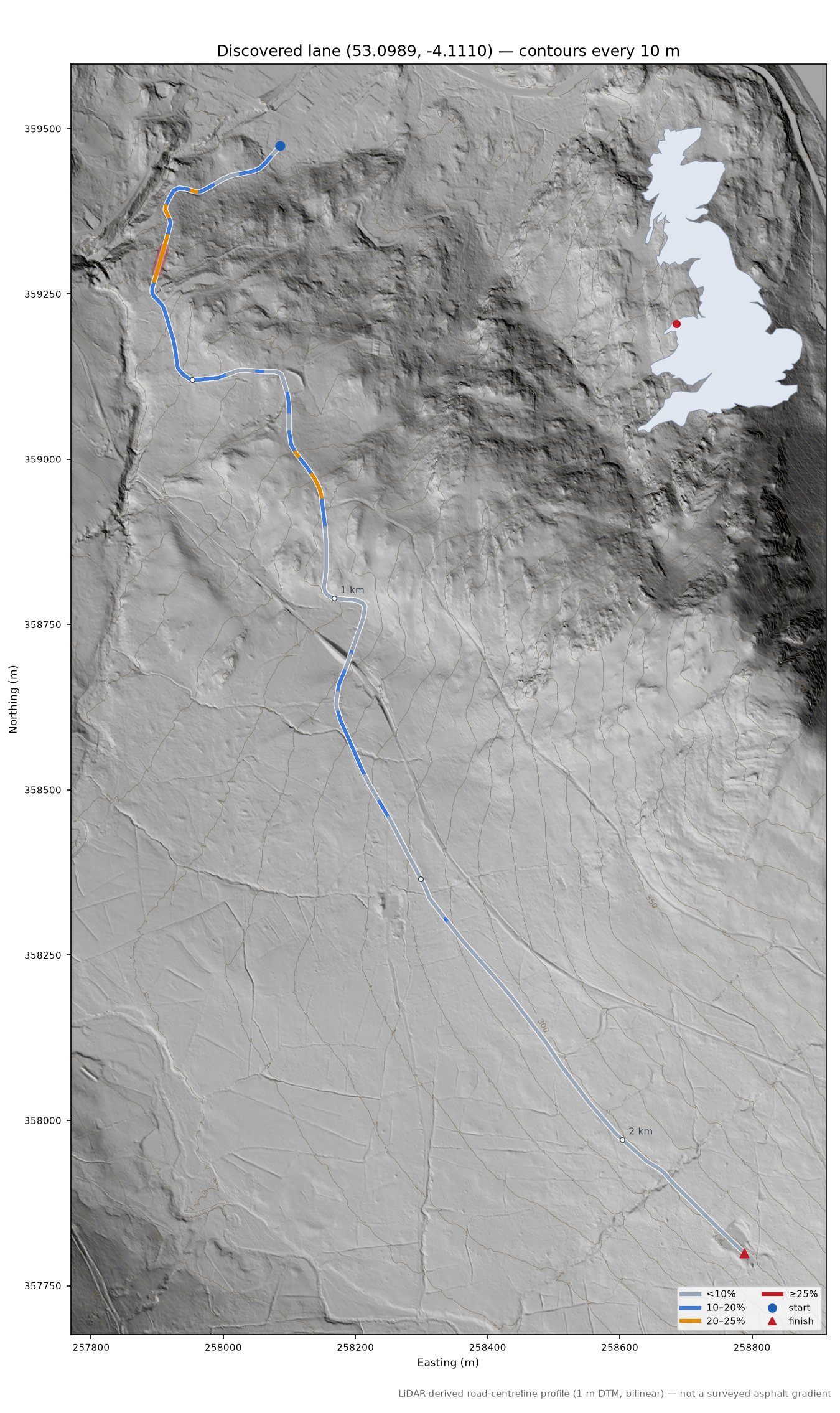 Discovered lane (53.0989, -4.1110) LiDAR hillshade map with contours