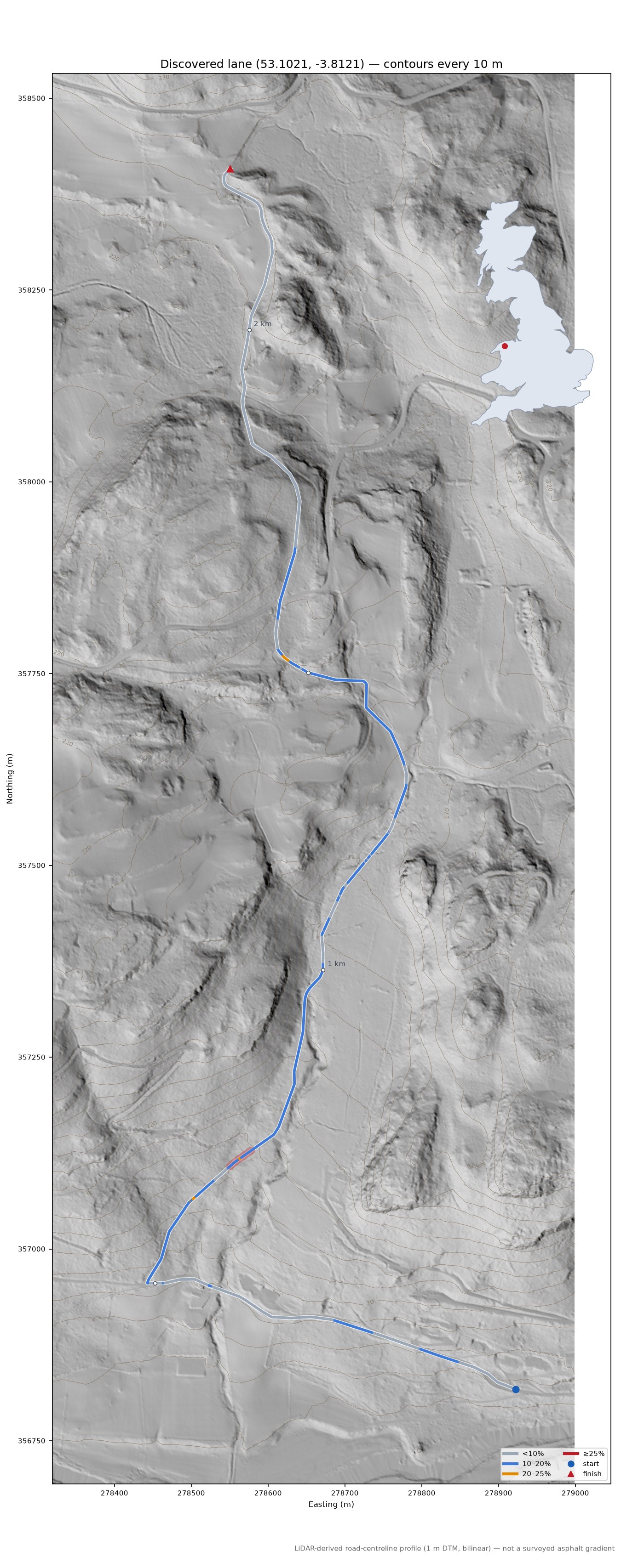 Discovered lane (53.1021, -3.8121) LiDAR hillshade map with contours