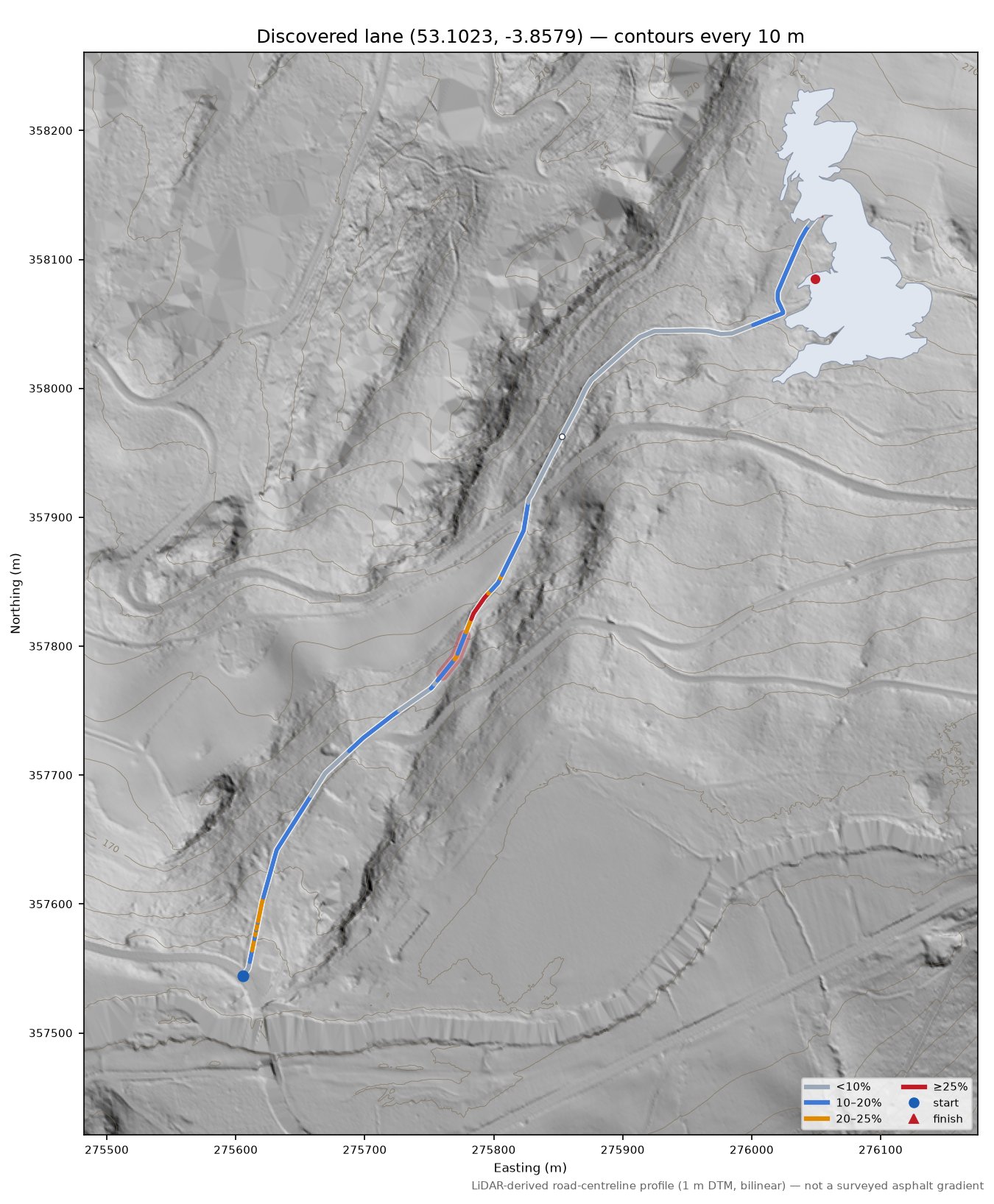 Discovered lane (53.1023, -3.8579) LiDAR hillshade map with contours