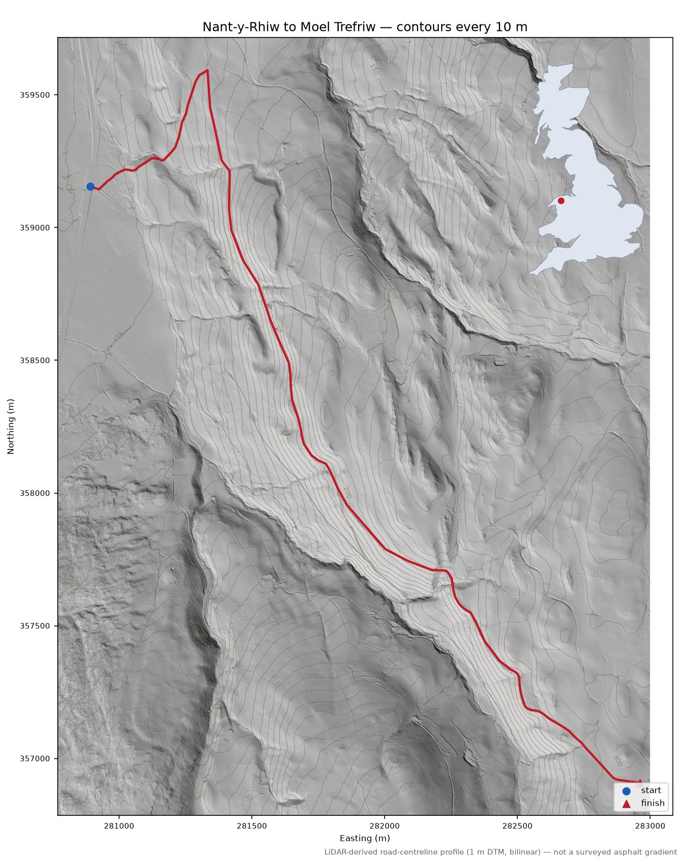Nant-y-Rhiw to Moel Trefriw LiDAR hillshade map with contours