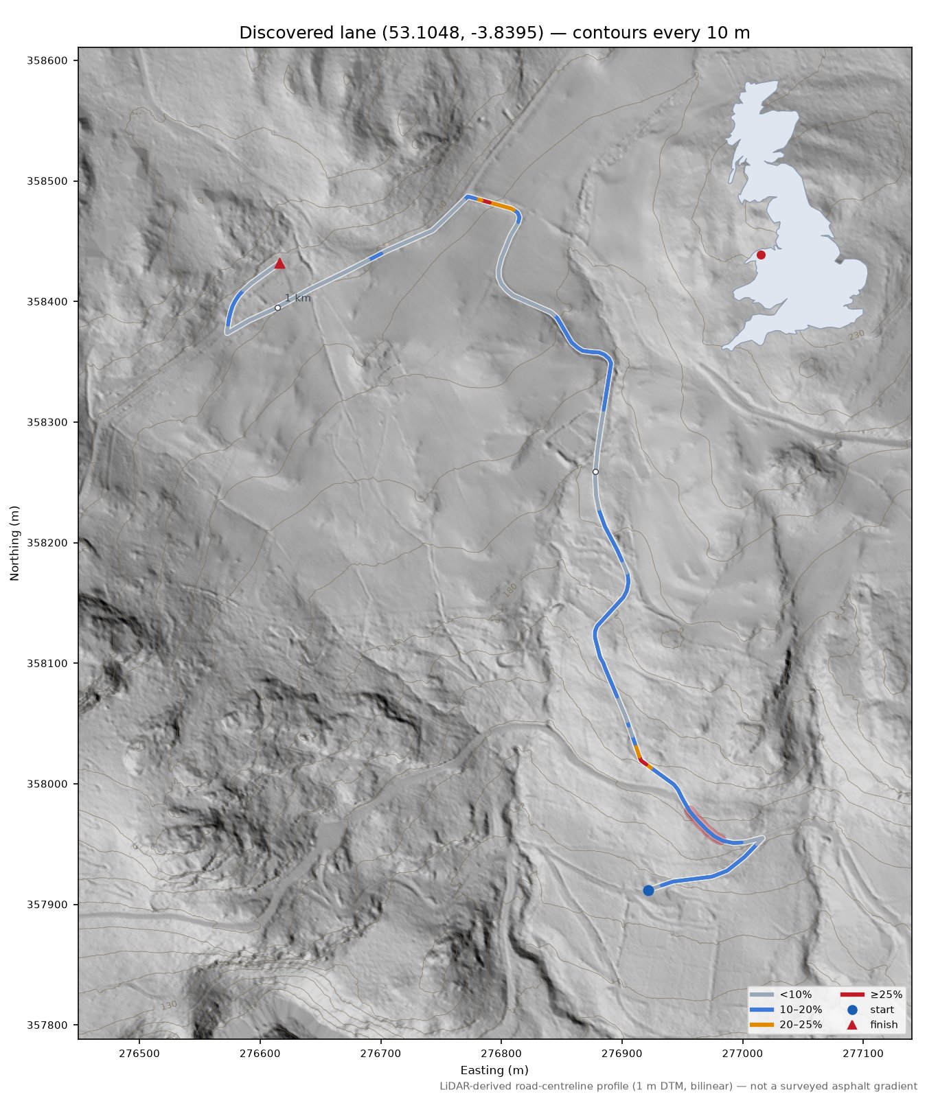 Discovered lane (53.1048, -3.8395) LiDAR hillshade map with contours