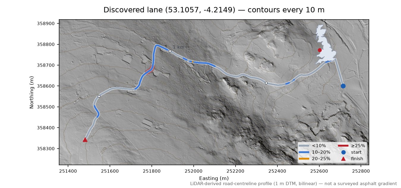 Discovered lane (53.1057, -4.2149) LiDAR hillshade map with contours