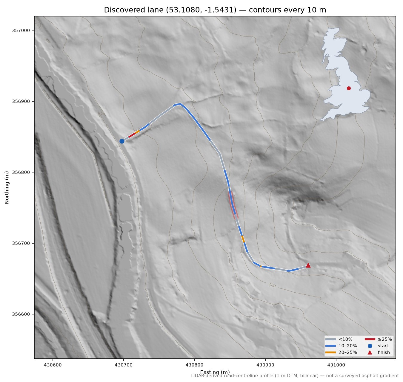 Discovered lane (53.1080, -1.5431) LiDAR hillshade map with contours