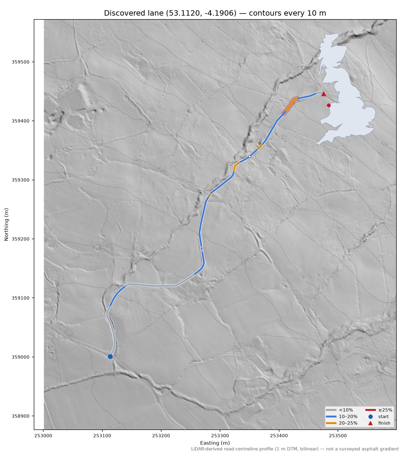 Discovered lane (53.1120, -4.1906) LiDAR hillshade map with contours