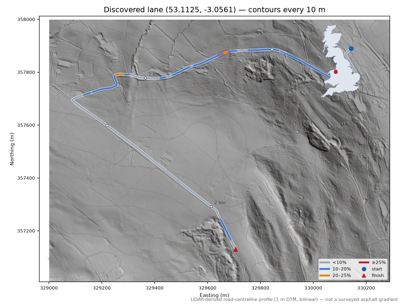 Discovered lane (53.1125, -3.0561) LiDAR hillshade map with contours