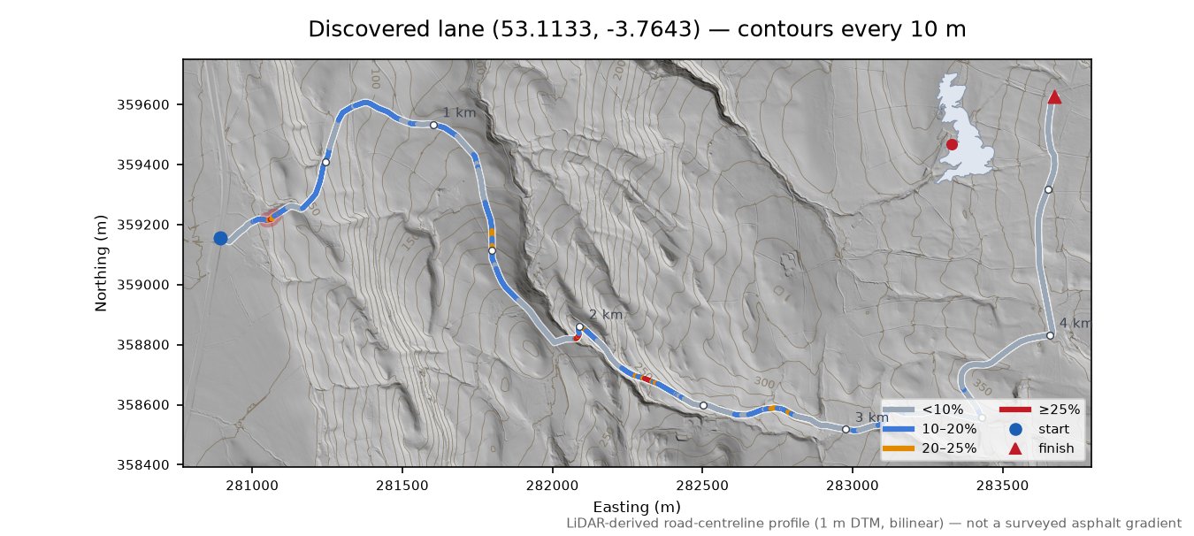 Discovered lane (53.1133, -3.7643) LiDAR hillshade map with contours