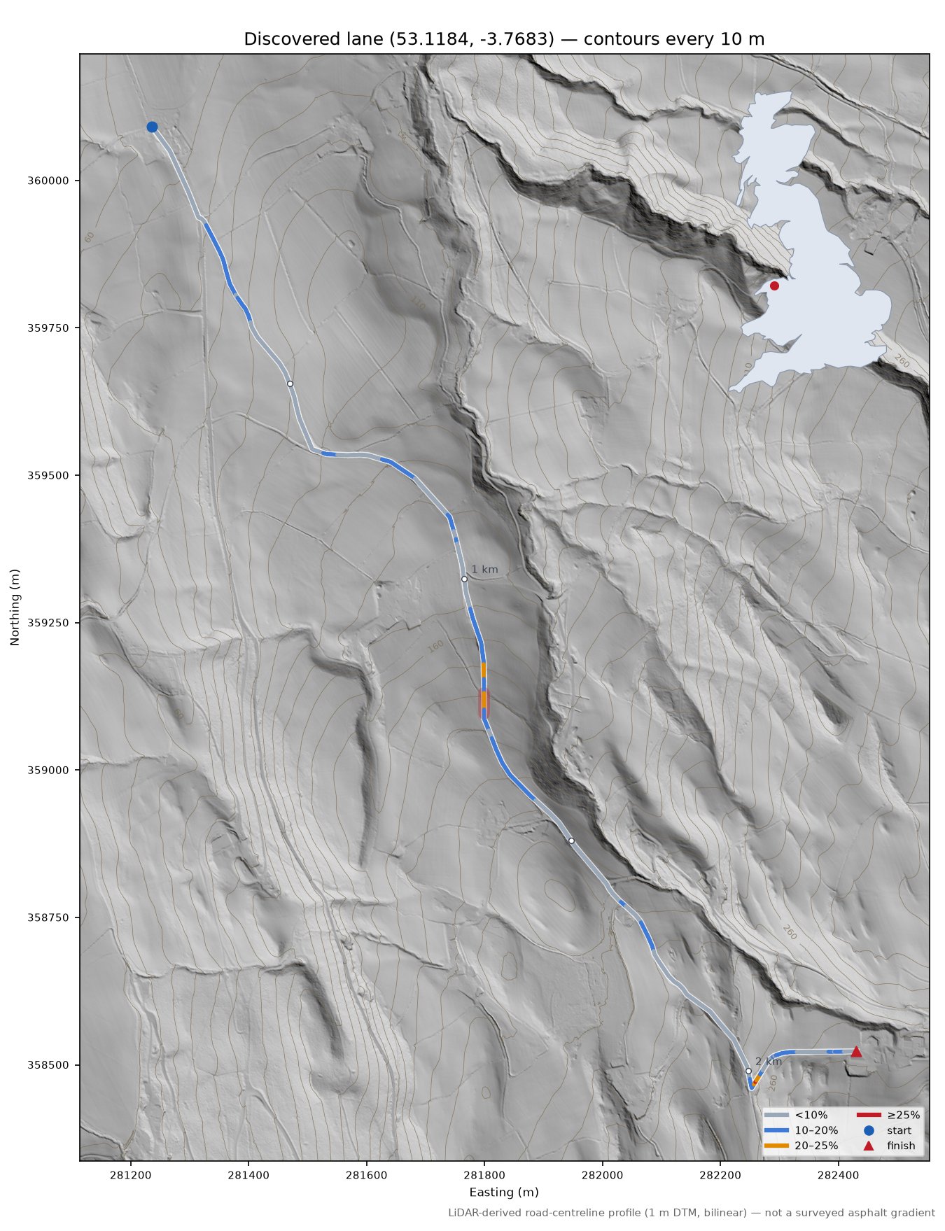 Discovered lane (53.1184, -3.7683) LiDAR hillshade map with contours