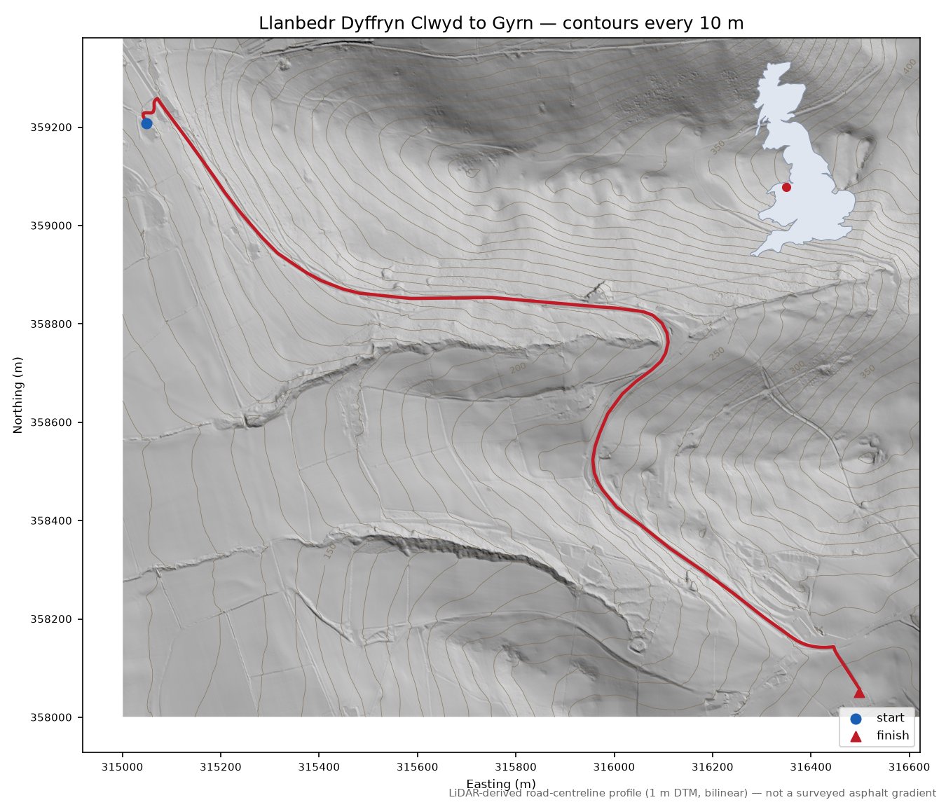 Llanbedr Dyffryn Clwyd to Gyrn LiDAR hillshade map with contours