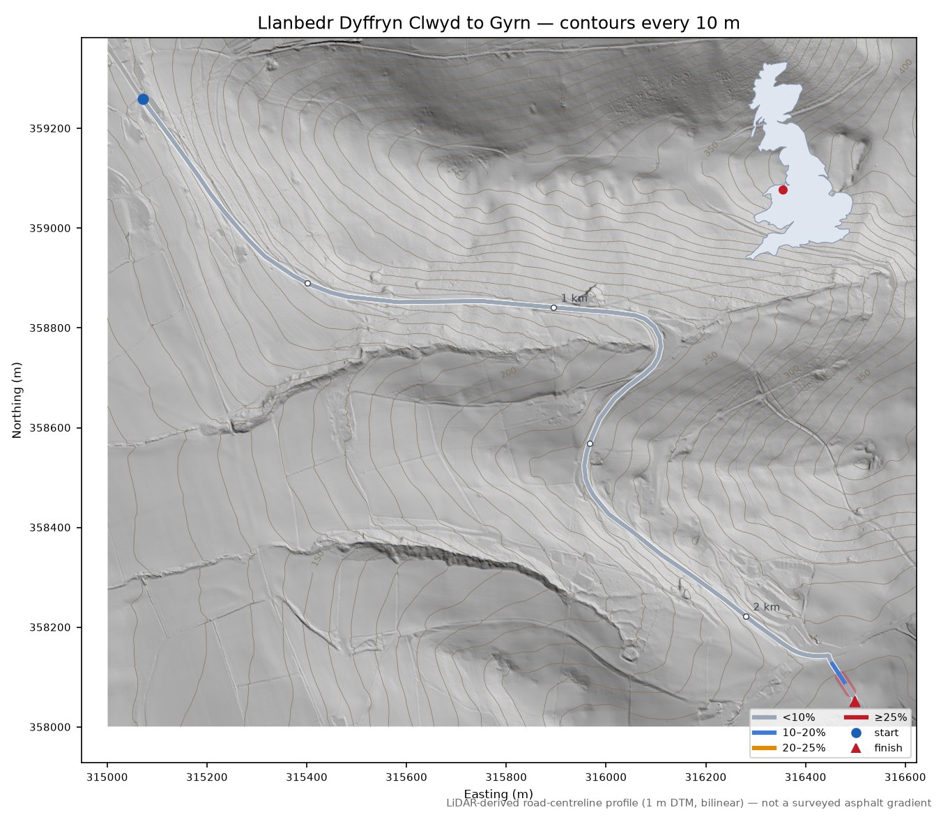 Llanbedr Dyffryn Clwyd to Gyrn LiDAR hillshade map with contours