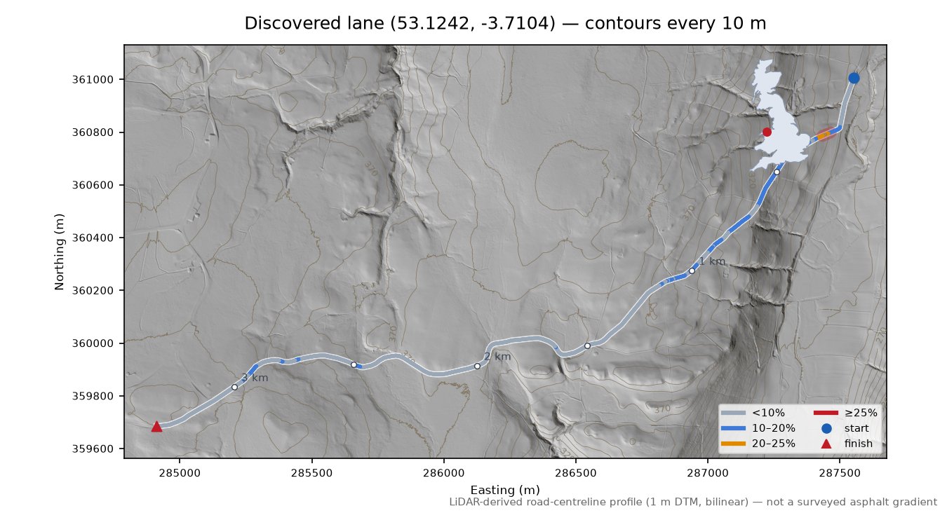 Discovered lane (53.1242, -3.7104) LiDAR hillshade map with contours