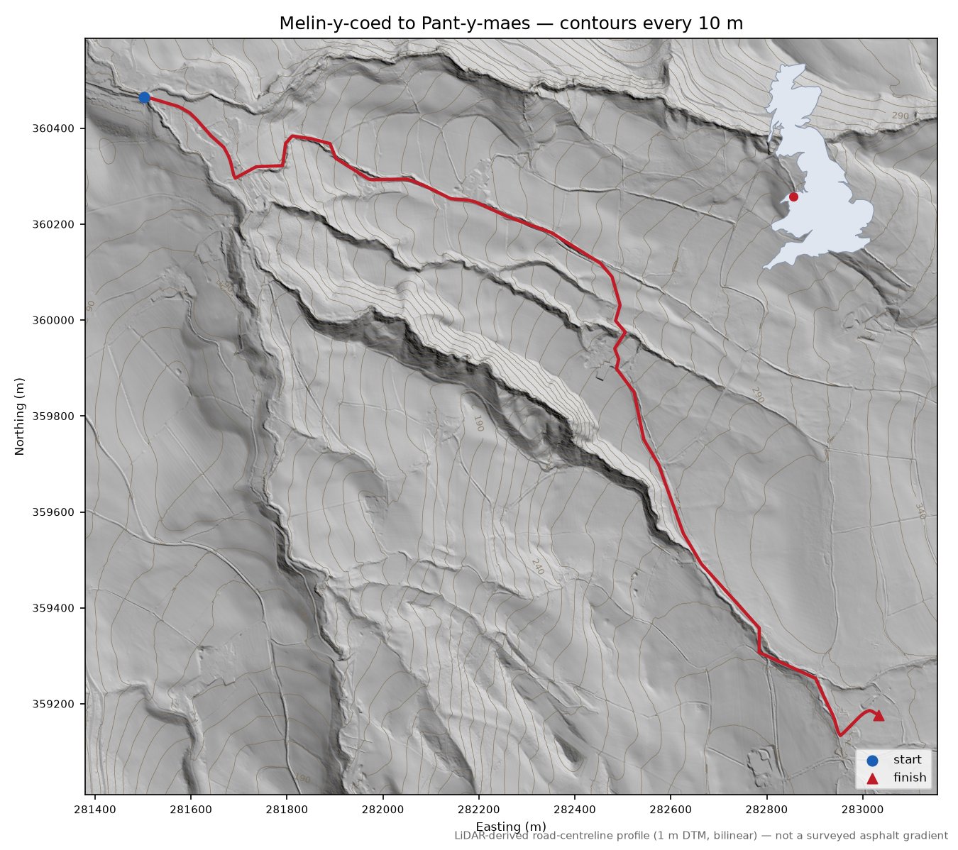 Melin-y-coed to Pant-y-maes LiDAR hillshade map with contours