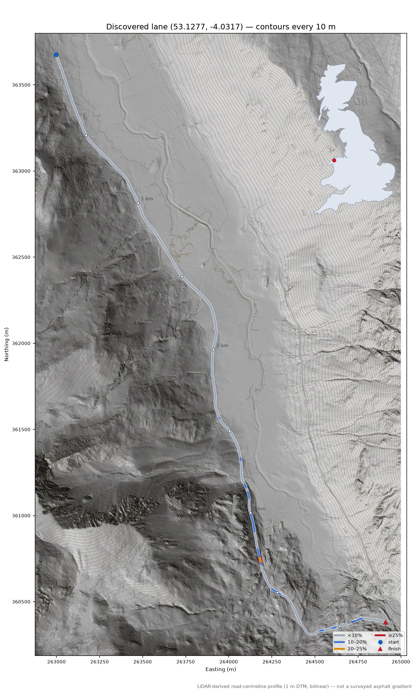 Discovered lane (53.1277, -4.0317) LiDAR hillshade map with contours