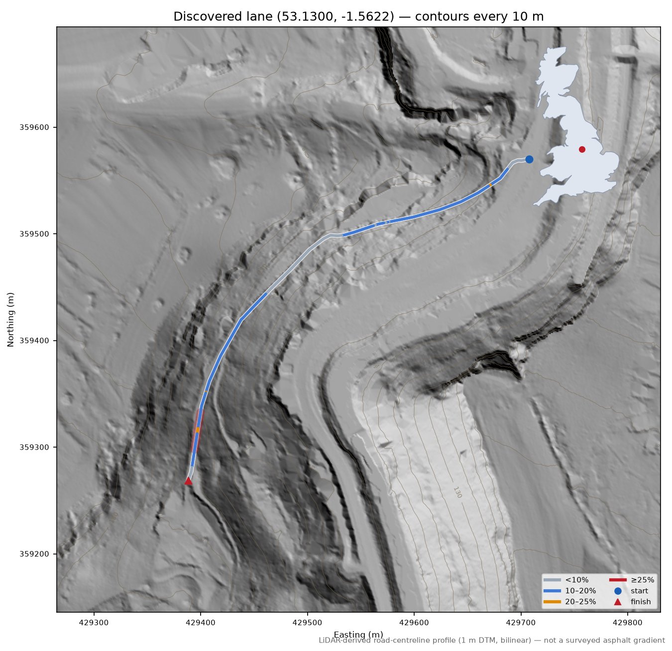 Discovered lane (53.1300, -1.5622) LiDAR hillshade map with contours