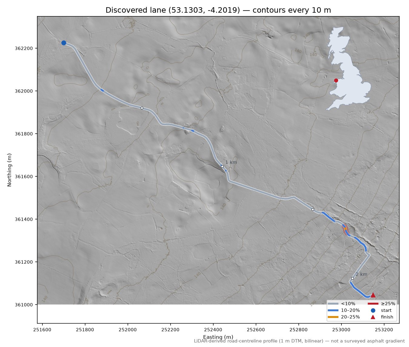 Discovered lane (53.1303, -4.2019) LiDAR hillshade map with contours