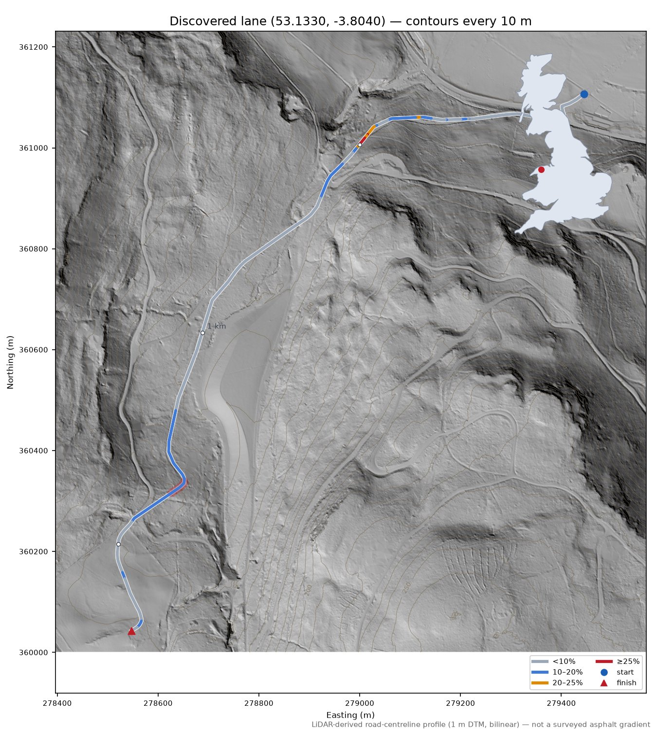Discovered lane (53.1330, -3.8040) LiDAR hillshade map with contours