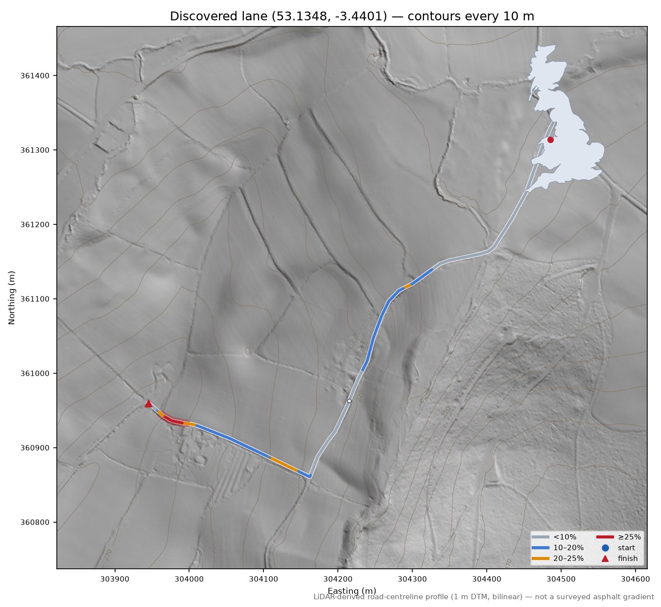 Discovered lane (53.1348, -3.4401) LiDAR hillshade map with contours