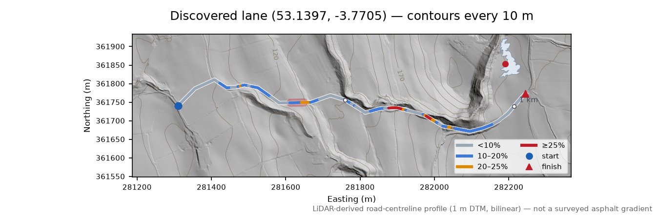 Discovered lane (53.1397, -3.7705) LiDAR hillshade map with contours