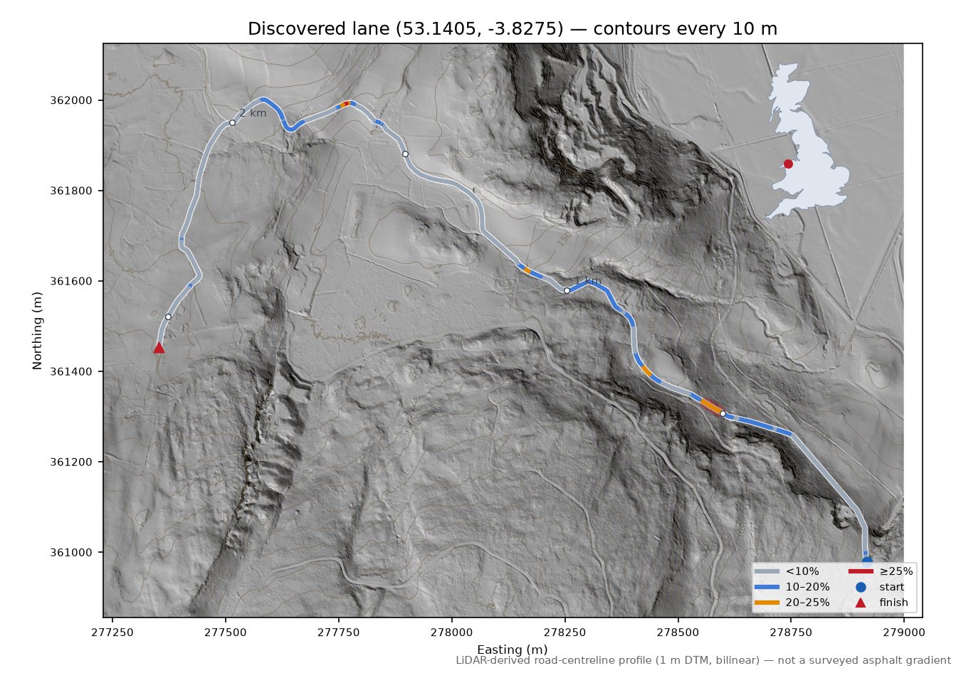 Discovered lane (53.1405, -3.8275) LiDAR hillshade map with contours
