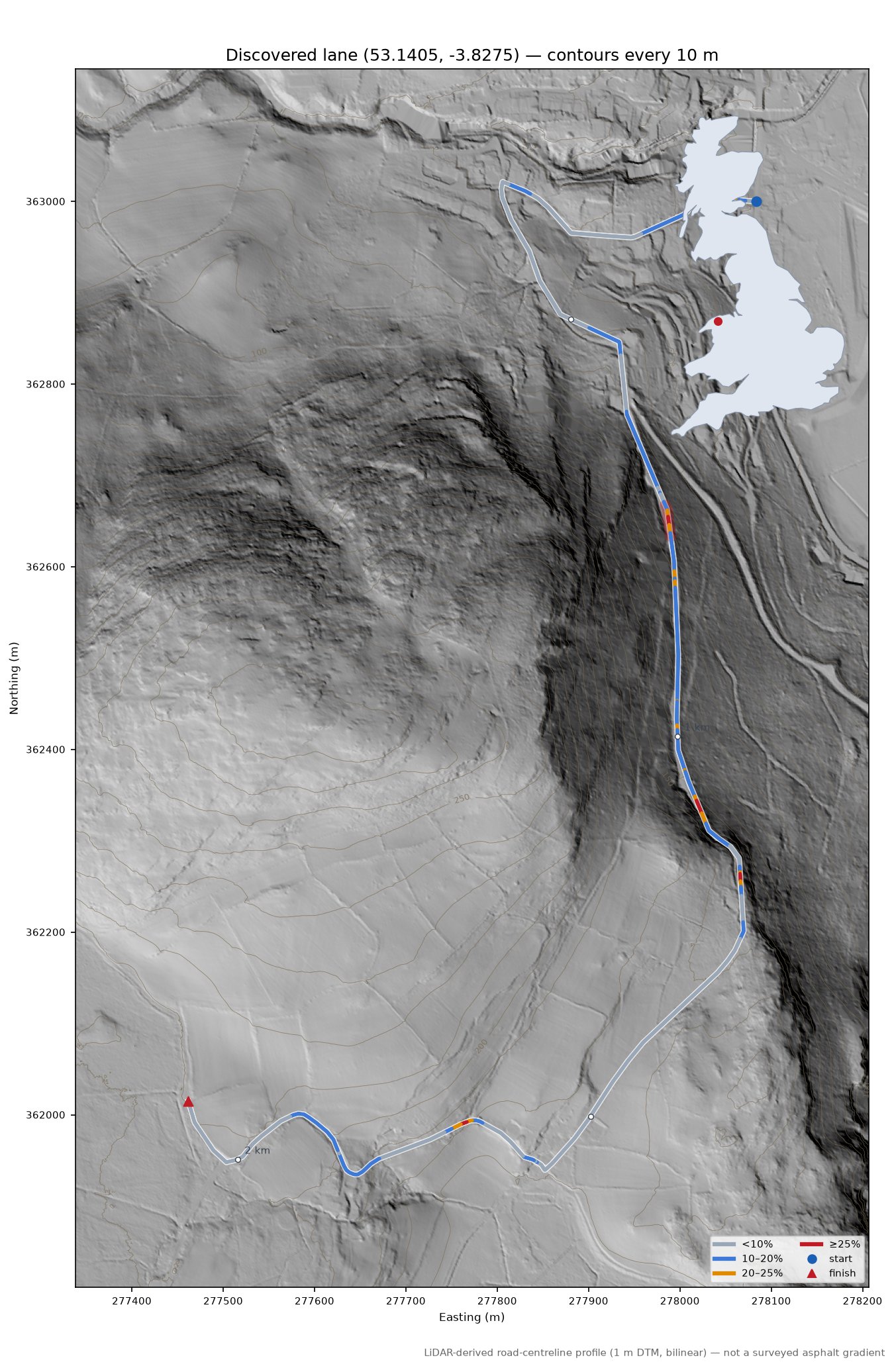 Discovered lane (53.1405, -3.8275) LiDAR hillshade map with contours