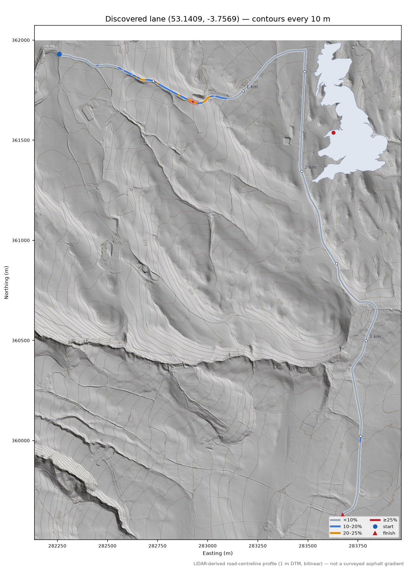Discovered lane (53.1409, -3.7569) LiDAR hillshade map with contours