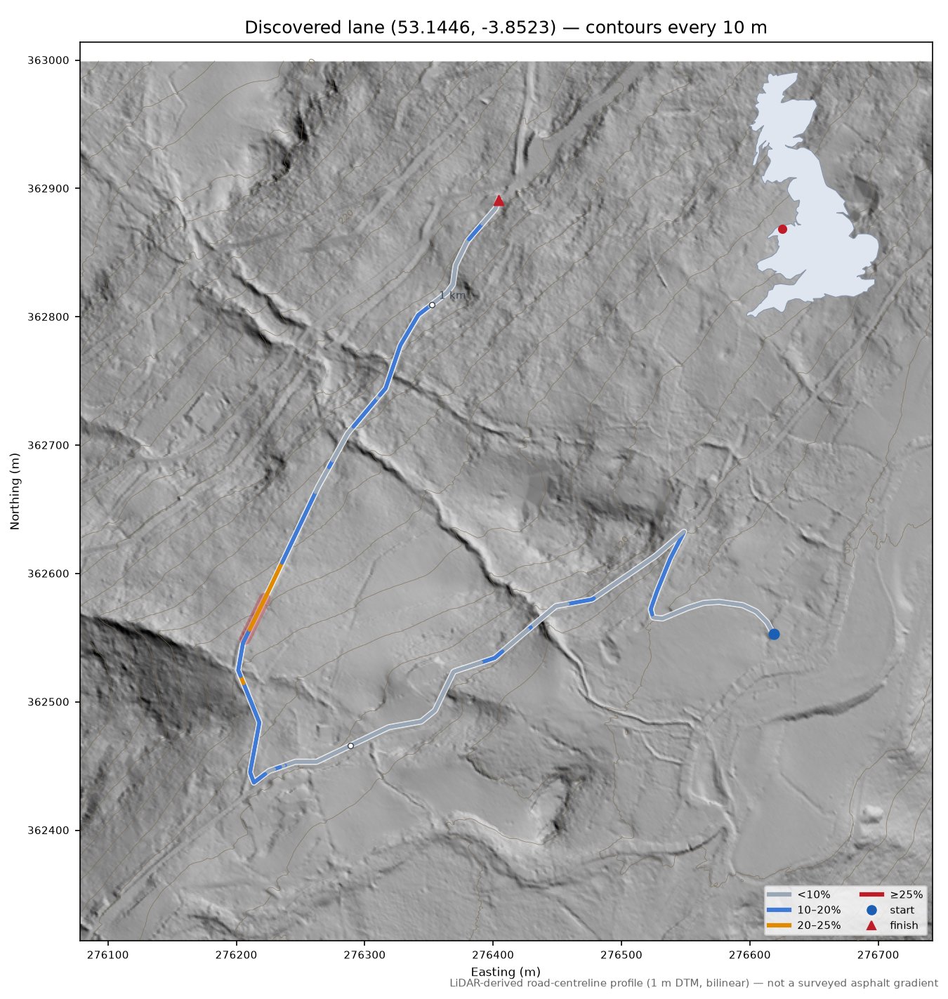 Discovered lane (53.1446, -3.8523) LiDAR hillshade map with contours