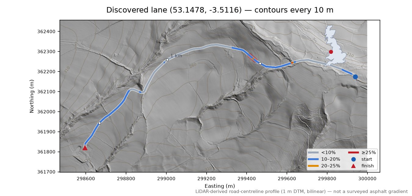 Discovered lane (53.1478, -3.5116) LiDAR hillshade map with contours