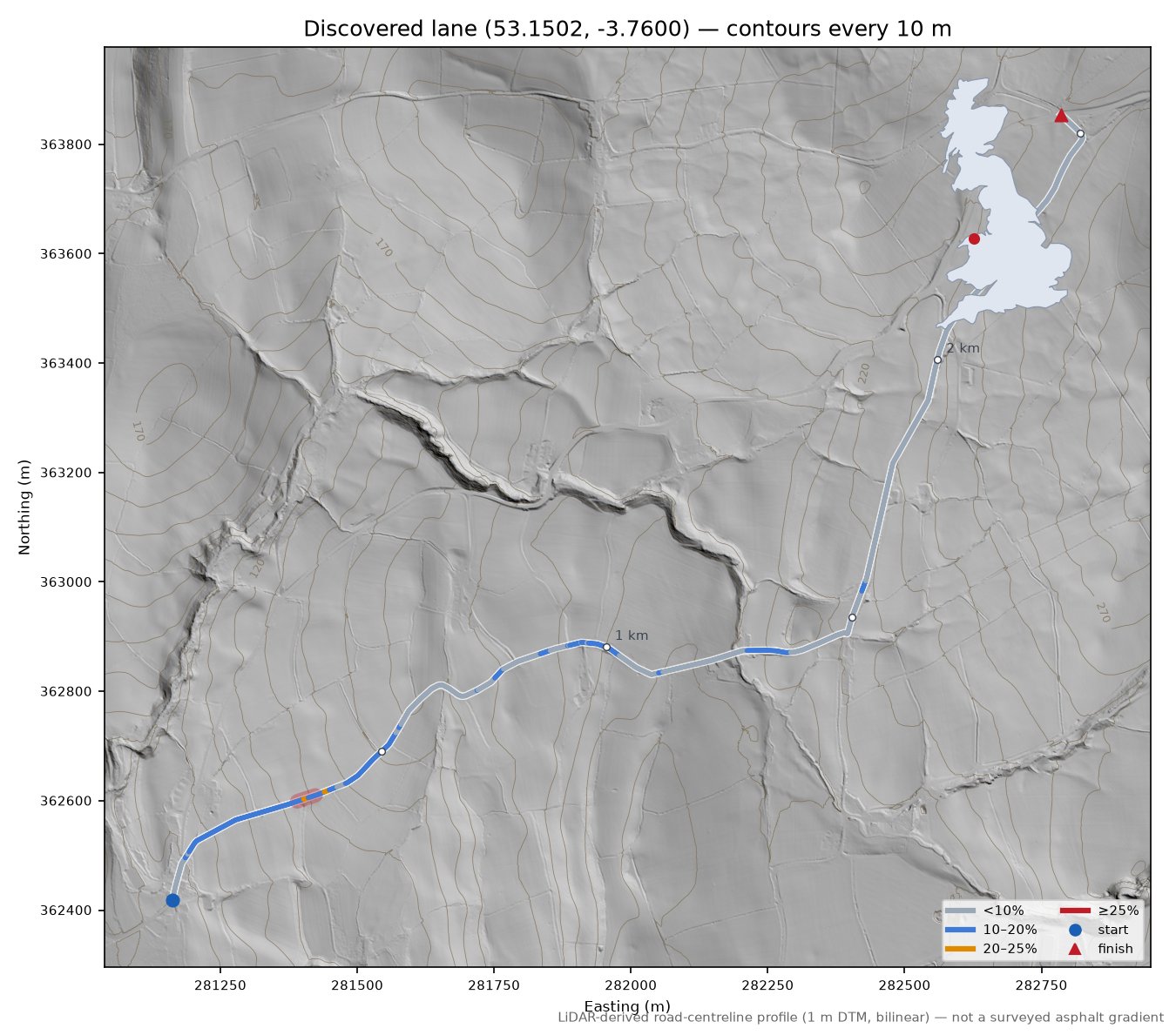 Discovered lane (53.1502, -3.7600) LiDAR hillshade map with contours