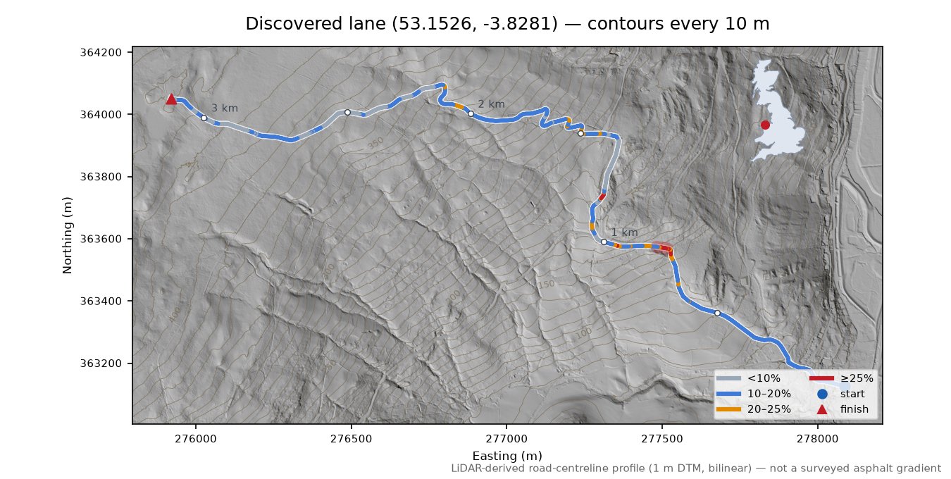 Discovered lane (53.1526, -3.8281) LiDAR hillshade map with contours