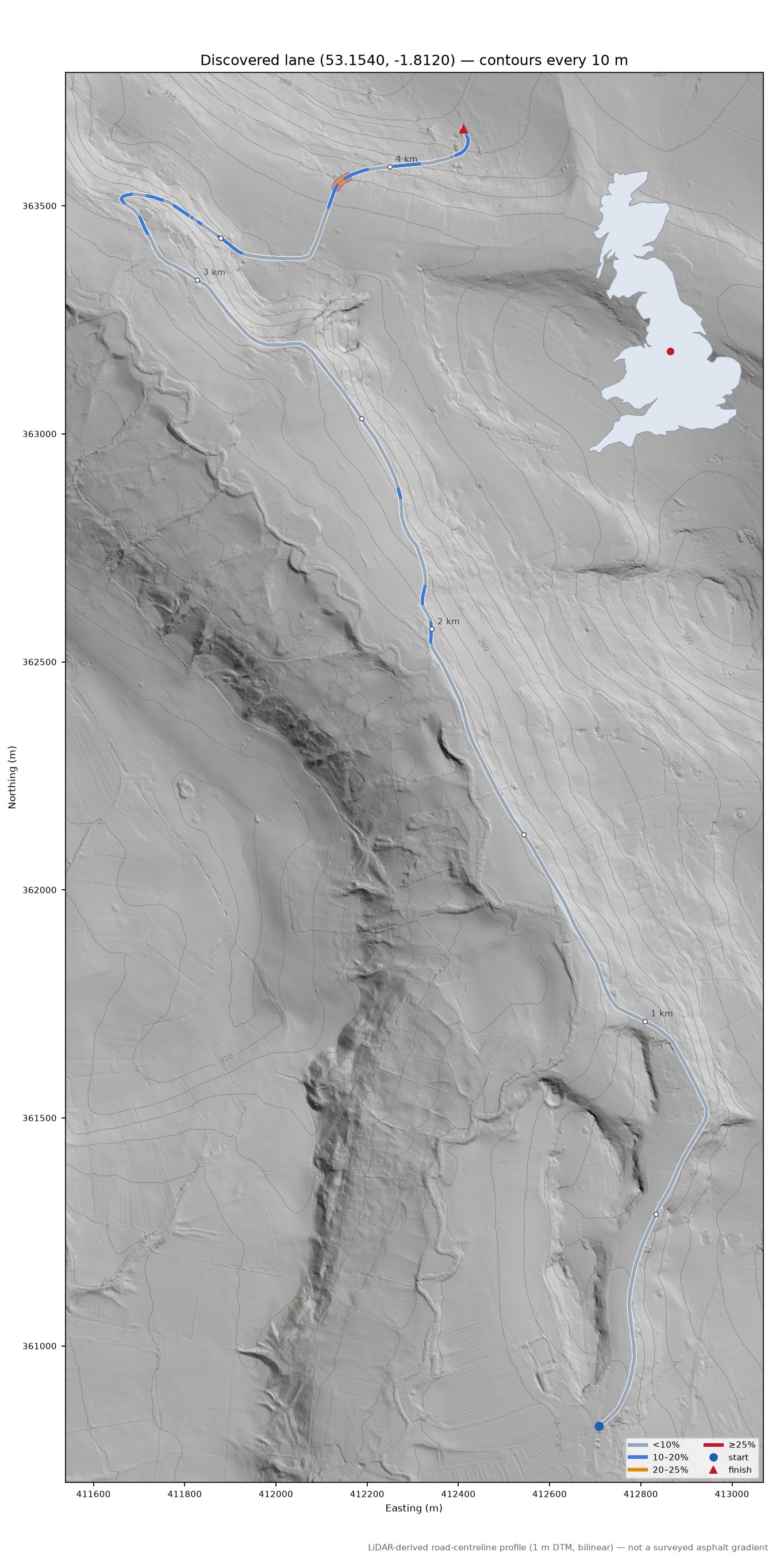 Discovered lane (53.1540, -1.8120) LiDAR hillshade map with contours