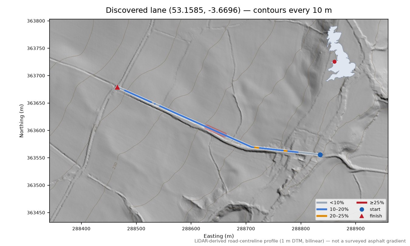 Discovered lane (53.1585, -3.6696) LiDAR hillshade map with contours