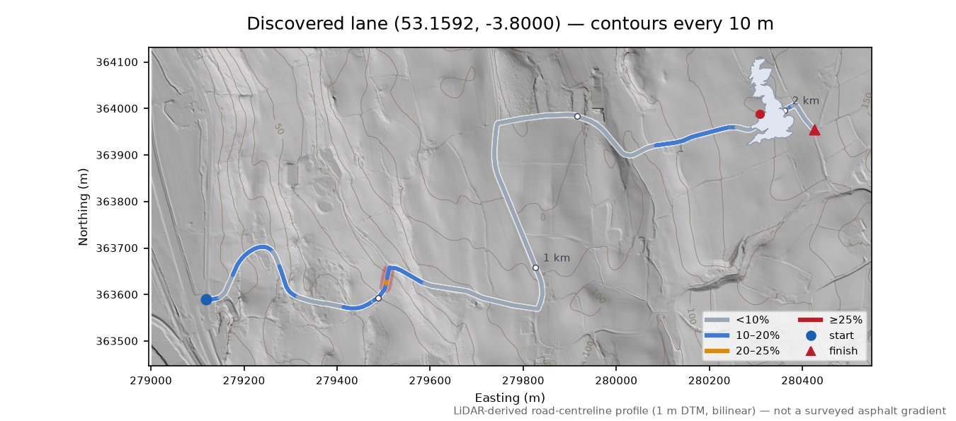 Discovered lane (53.1592, -3.8000) LiDAR hillshade map with contours