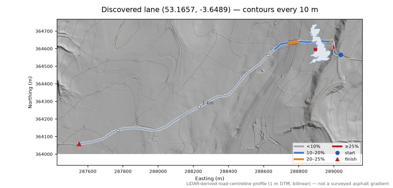 Discovered lane (53.1657, -3.6489) LiDAR hillshade map with contours