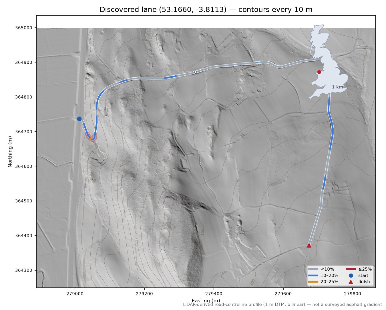 Discovered lane (53.1660, -3.8113) LiDAR hillshade map with contours