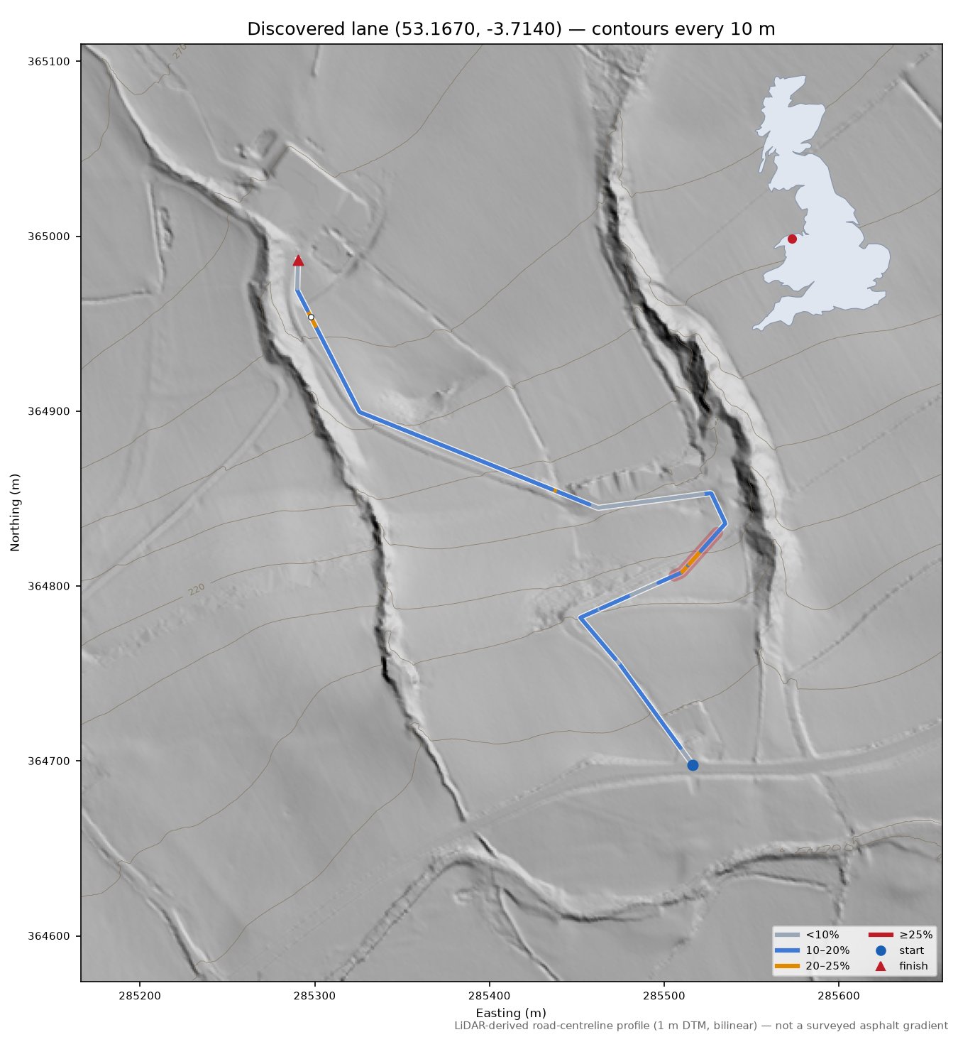 Discovered lane (53.1670, -3.7140) LiDAR hillshade map with contours