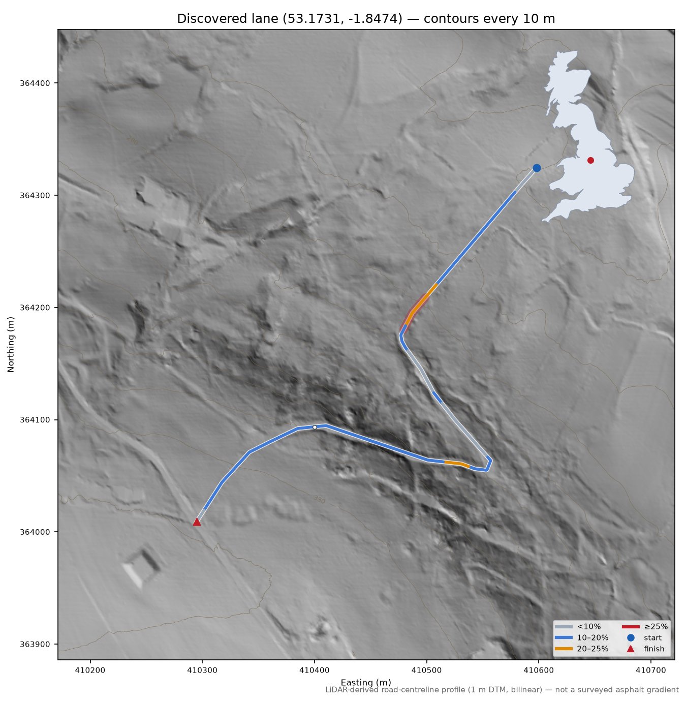 Discovered lane (53.1731, -1.8474) LiDAR hillshade map with contours