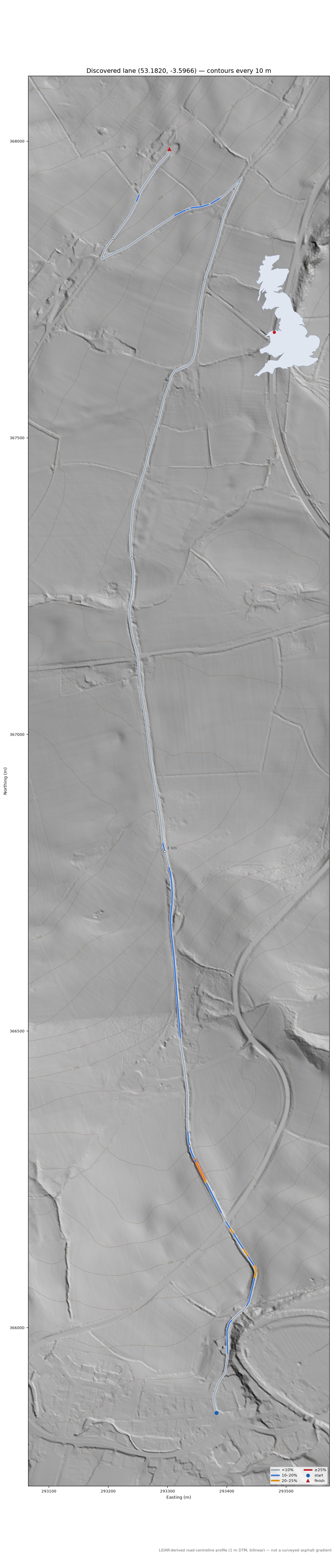 Discovered lane (53.1820, -3.5966) LiDAR hillshade map with contours