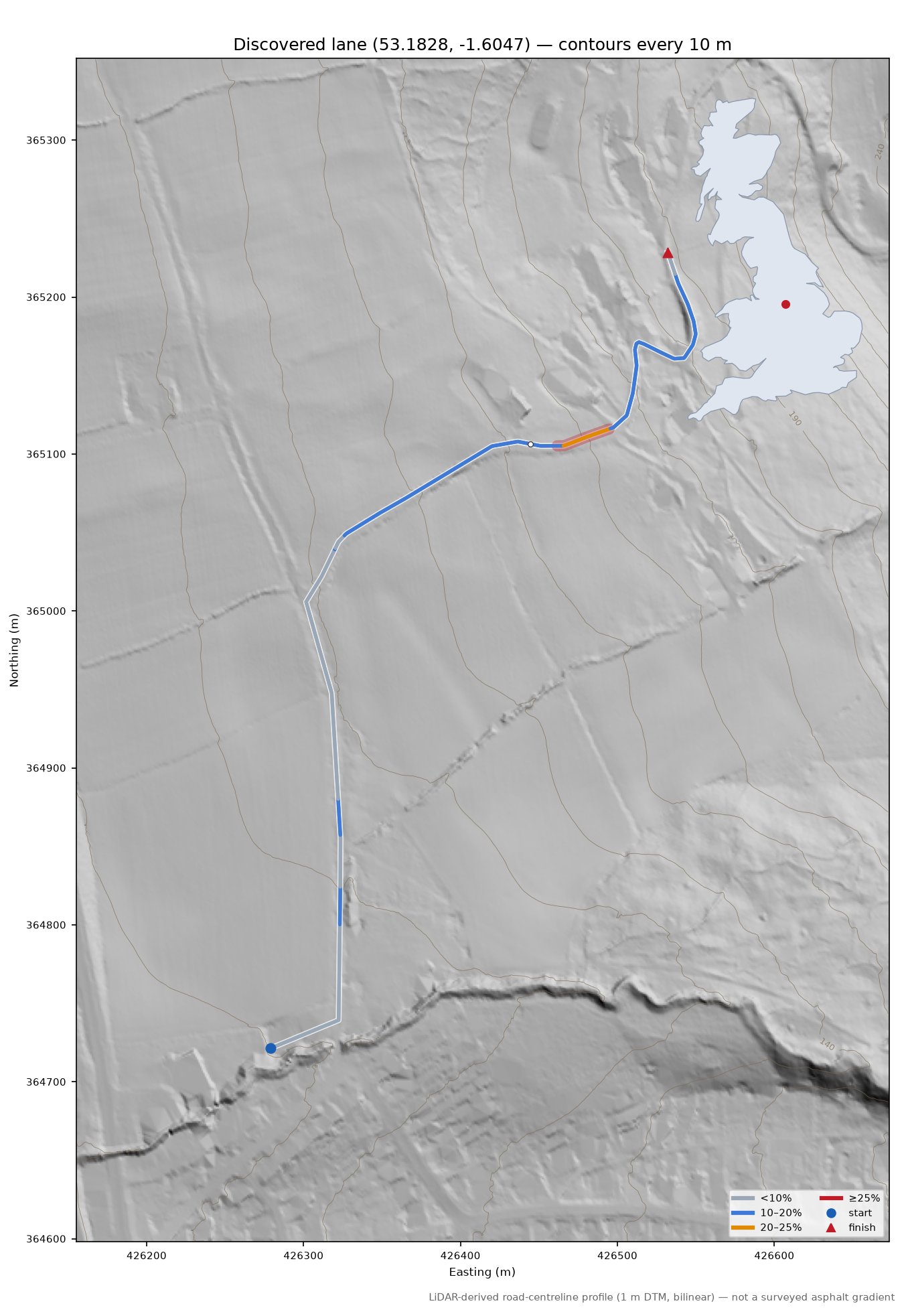 Discovered lane (53.1828, -1.6047) LiDAR hillshade map with contours