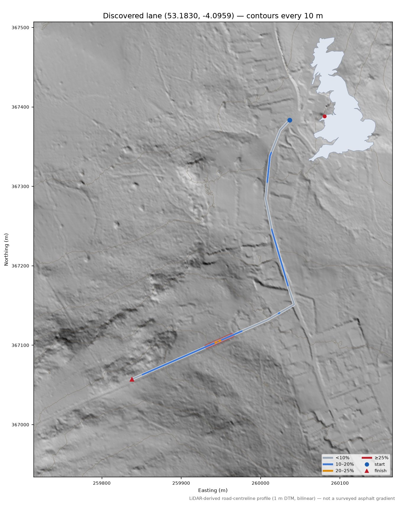 Discovered lane (53.1830, -4.0959) LiDAR hillshade map with contours