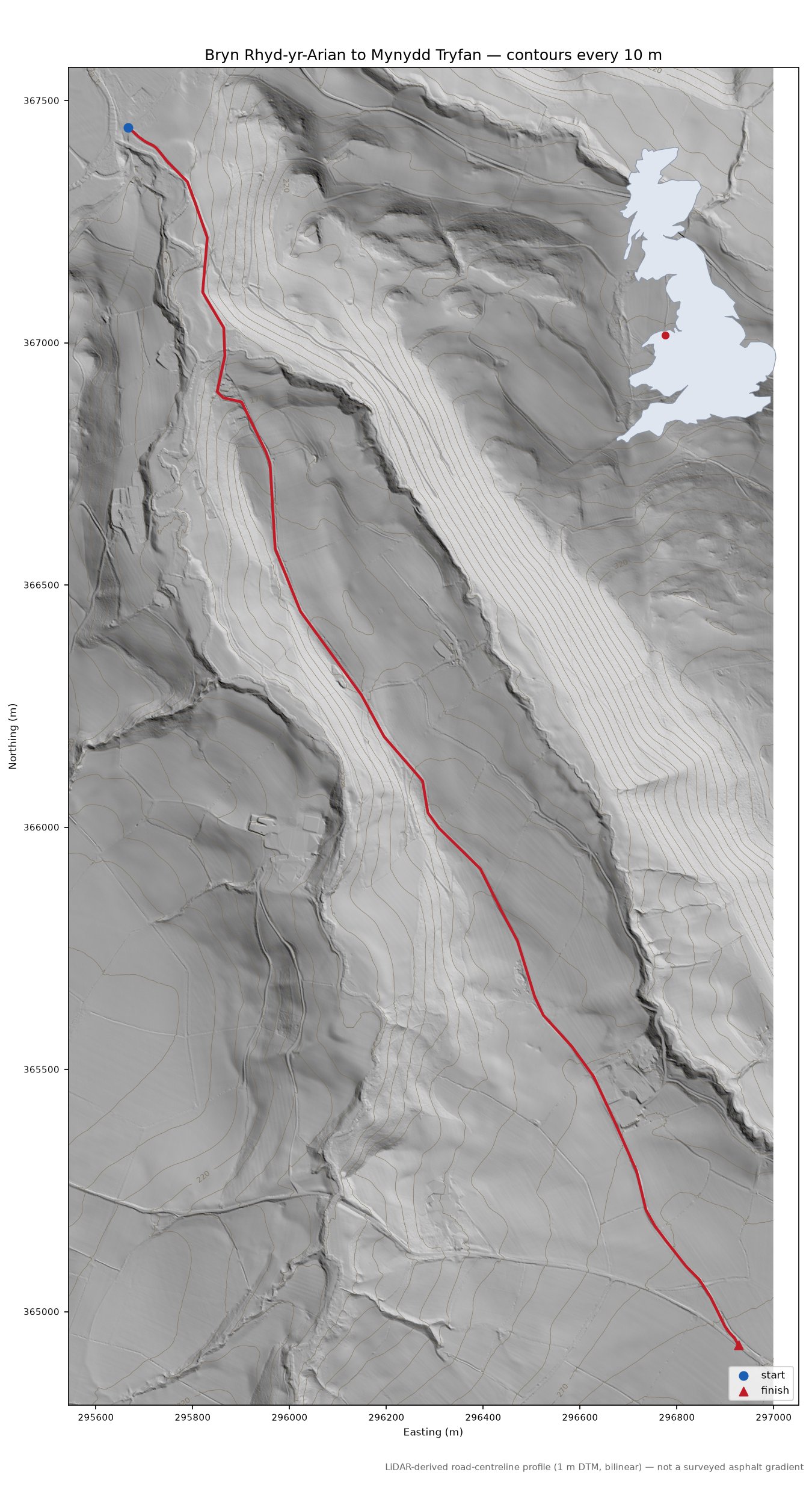 Bryn Rhyd-yr-Arian to Mynydd Tryfan LiDAR hillshade map with contours